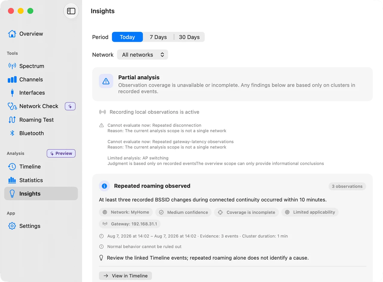 Insights view showing explainable findings with evidence links into Timeline events