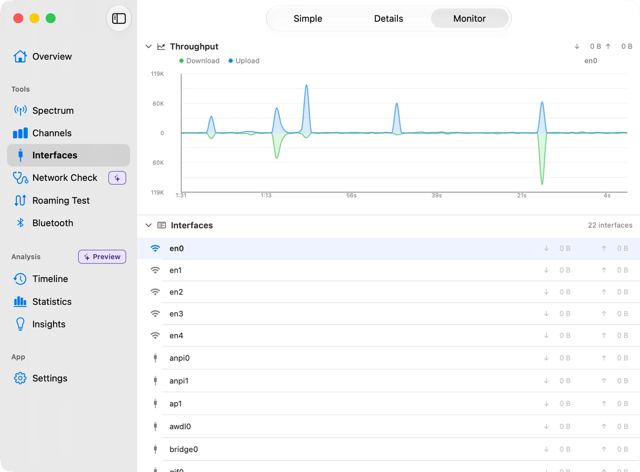 Network interfaces view showing connection details and live throughput monitoring