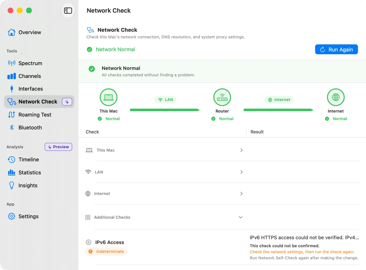 Network Self-Check workspace grouping diagnostics into This Mac, LAN, and Internet stages