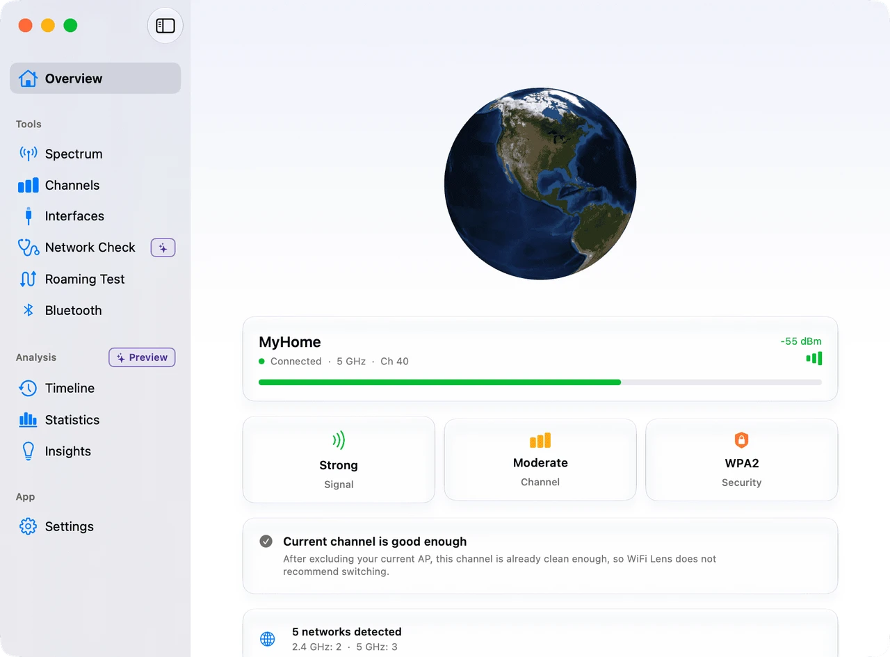 Overview dashboard showing current Wi-Fi health, signal strength, and channel recommendations