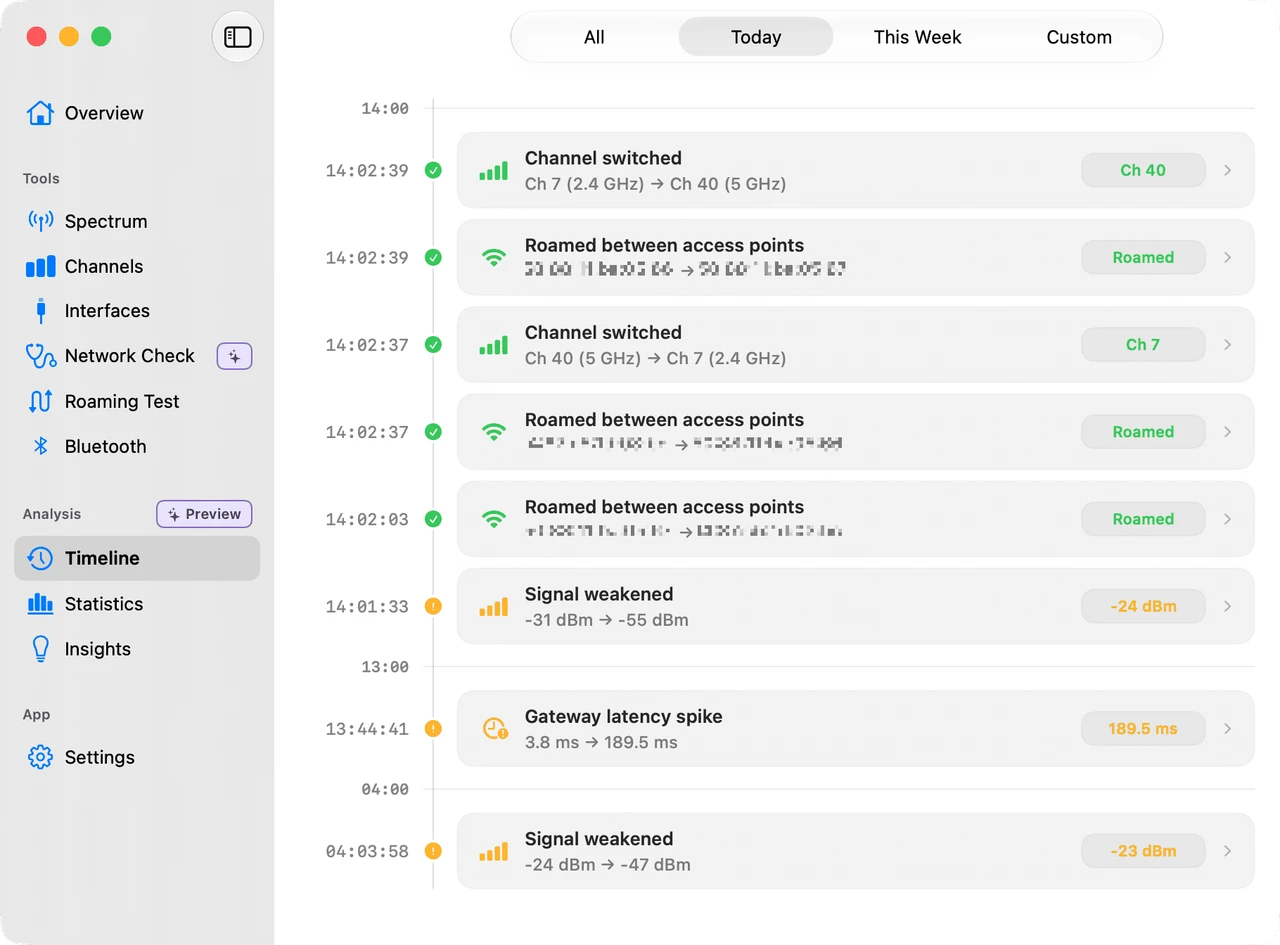 Timeline view showing Wi-Fi events, signal changes, and network transitions over time